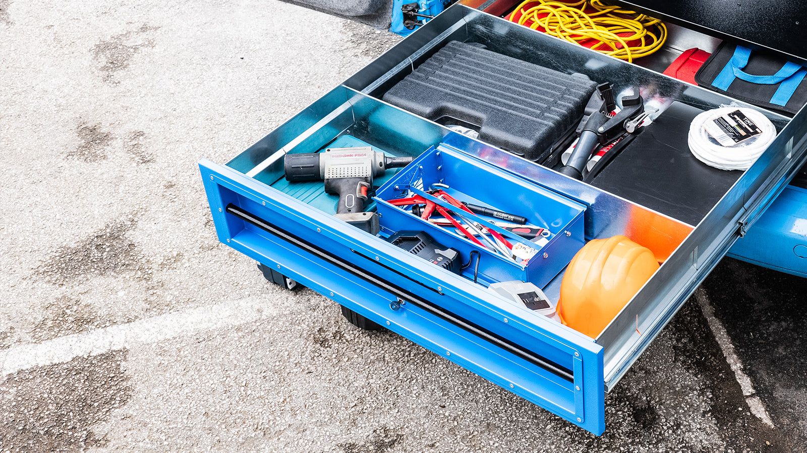 Large metal blue tool drawer