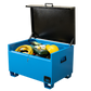Large blue metal tool box  with a range of electrical tools inside and a yellow hard hat.