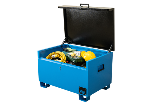 Large blue metal tool box  with a range of electrical tools inside and a yellow hard hat.