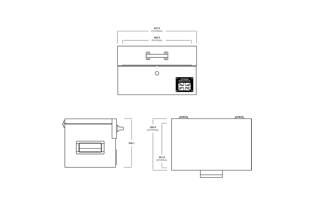  Technical specification diagram of a toolbox.