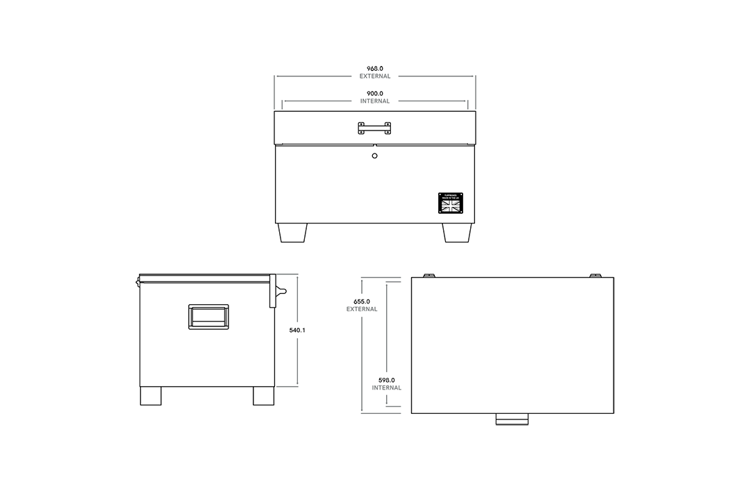 Technical specification diagram of a toolbox.