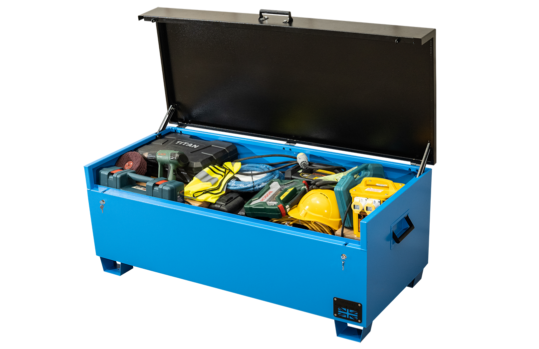 Large blue metal tool box chest with a range of electrical tools inside and a yellow hard hat. 