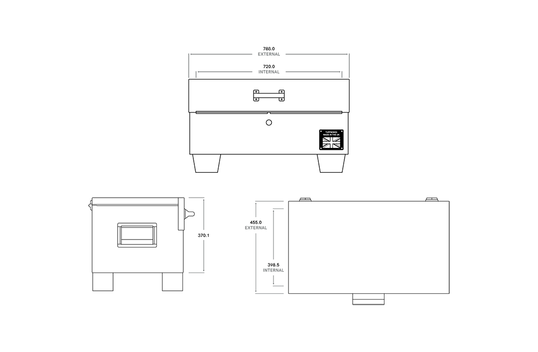 Technical specification diagram of a toolbox.