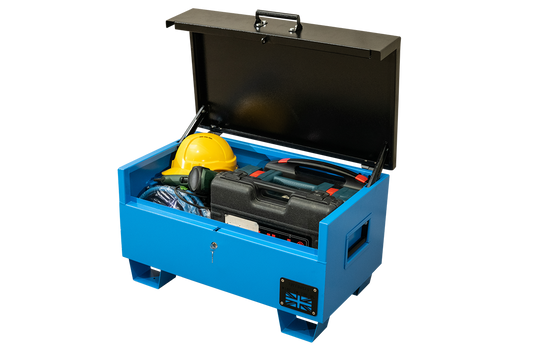 Blue metal tool box open with a range of electrical tools inside and a yellow hard hat