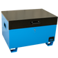 Large blue metal tool box closed with a black lid.