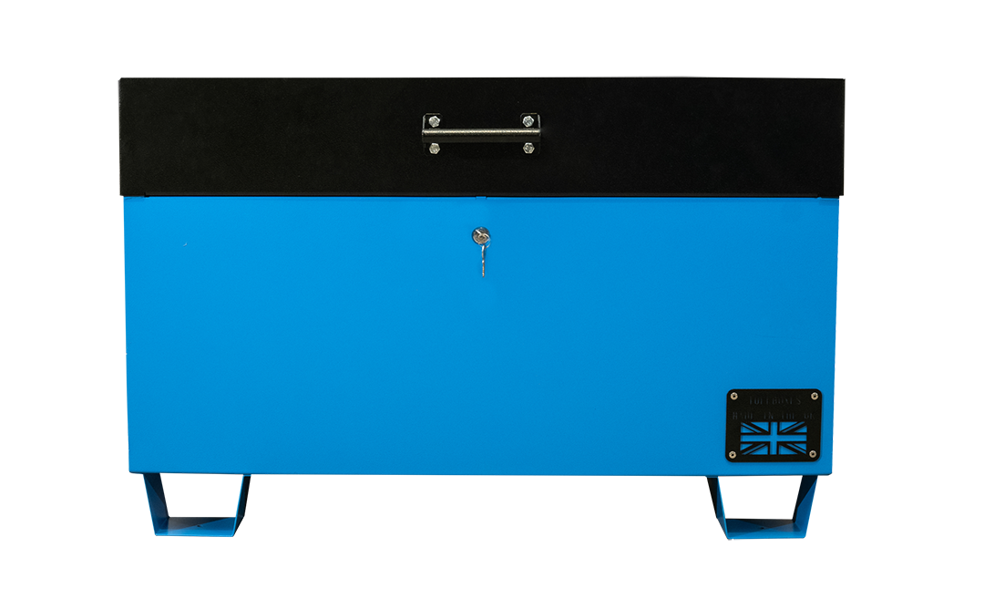 Large blue metal tool box closed with a black lid.