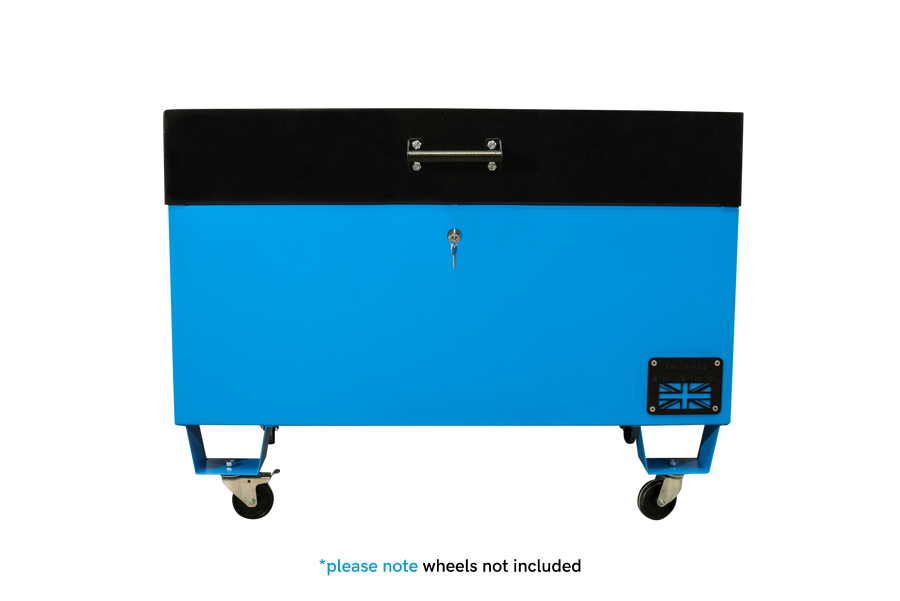 Large blue metal tool box closed with a black lid with castors.