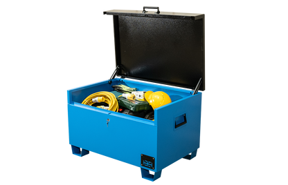 Large blue metal tool box  with a range of electrical tools inside and a yellow hard hat.