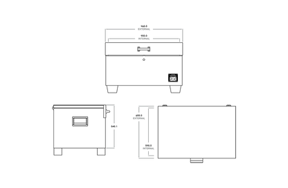 Technical specification diagram of a toolbox.