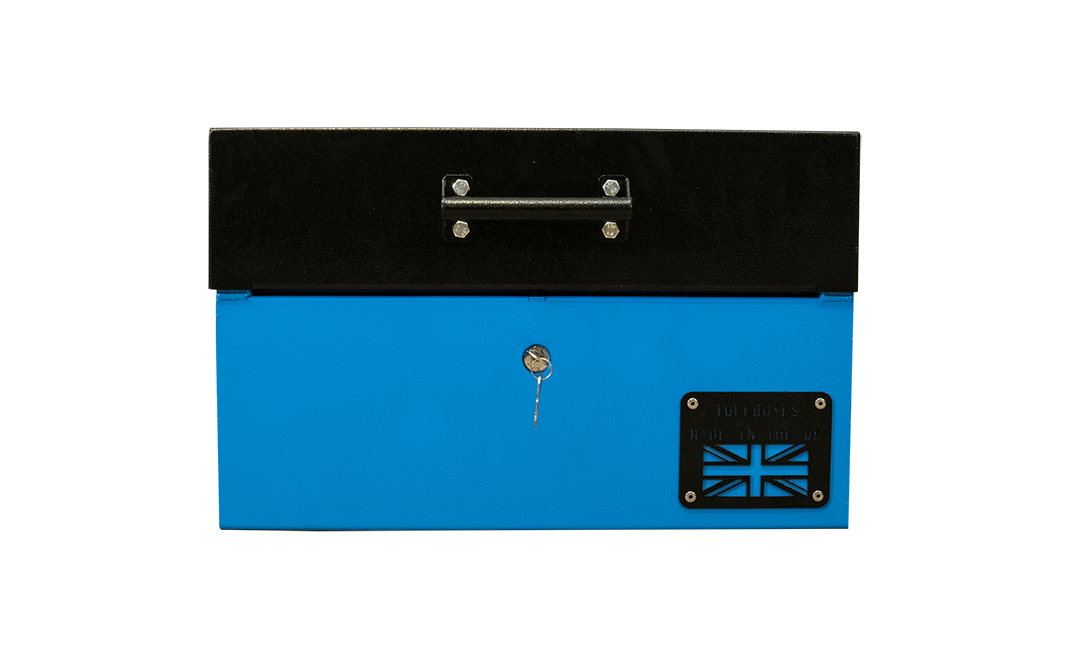 Small blue metal tool box closed with a black lid.