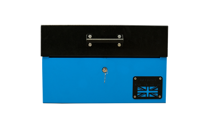 Small blue metal tool box closed with a black lid.