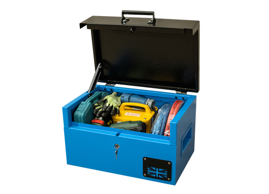 Small blue metal tool box  with a range of electrical tools inside and a yellow hard hat. 