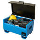 Blue metal tool box open with a range of electrical tools inside and a yellow hard hat